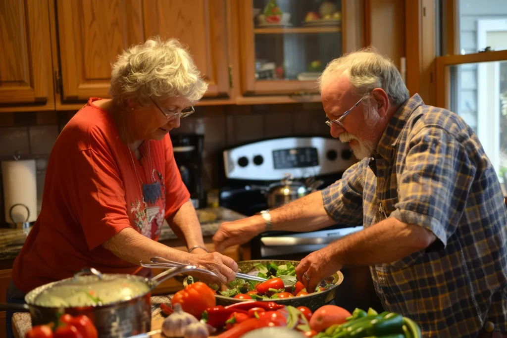 Older couple enjoying a healthy meal preparation, emphasizing the importance of diet in maintaining gum health, highlighted by Montana Center for Implants and Dentures.