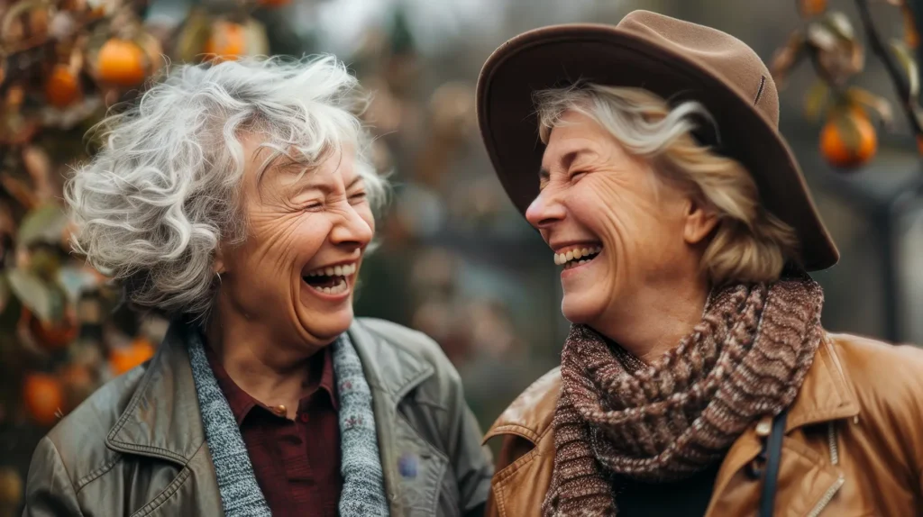 Two elderly women laughing joyfully outdoors, showcasing their beautiful smiles restored with All-on-4 dental implants, available at the Montana Center for Implants and Dentures in Billings, MT.