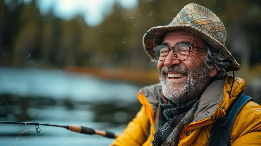 Happy older man with glasses and a hat, holding a fishing rod and enjoying the outdoors, thanks to the secure and comfortable fit of implant-supported dentures. Discover exceptional dental care at the Montana Center for Implants and Dentures, providing top-tier solutions for a confident smile.