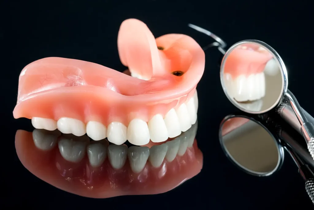 Close-up of implant-supported dentures alongside a dental mirror, highlighting the advanced dental solutions available at the Montana Center for Implants and Dentures. Expert care ensures a natural and comfortable fit for patients.