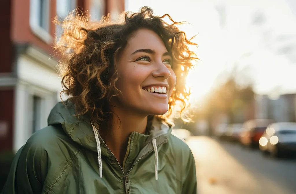 Smiling woman outdoors after successful whole mouth rehabilitation to address oral damage at Montana Center for Implants and Dentures.